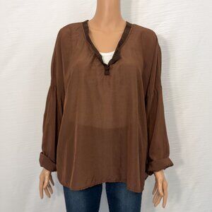 CP Shades Silk Cotton Blend Long Sleeve V-Neck Blouse | Size XL
